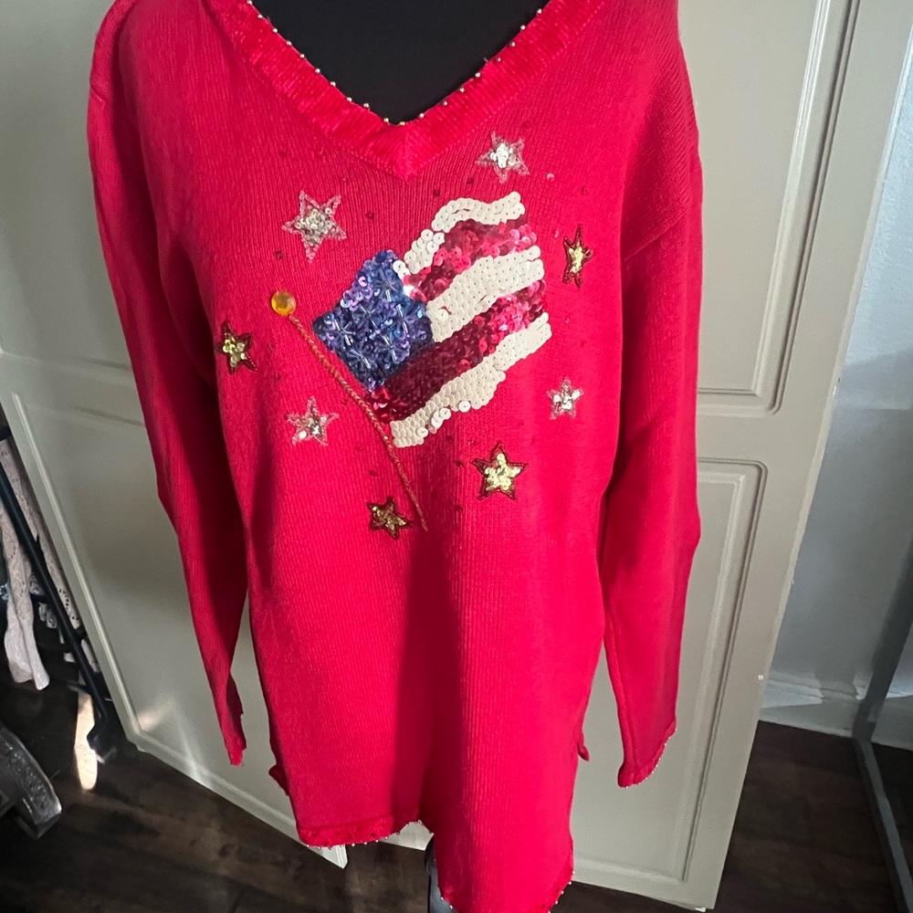 Quacker Factory Red V-Neck Sweater with Sequin Flag and Stars